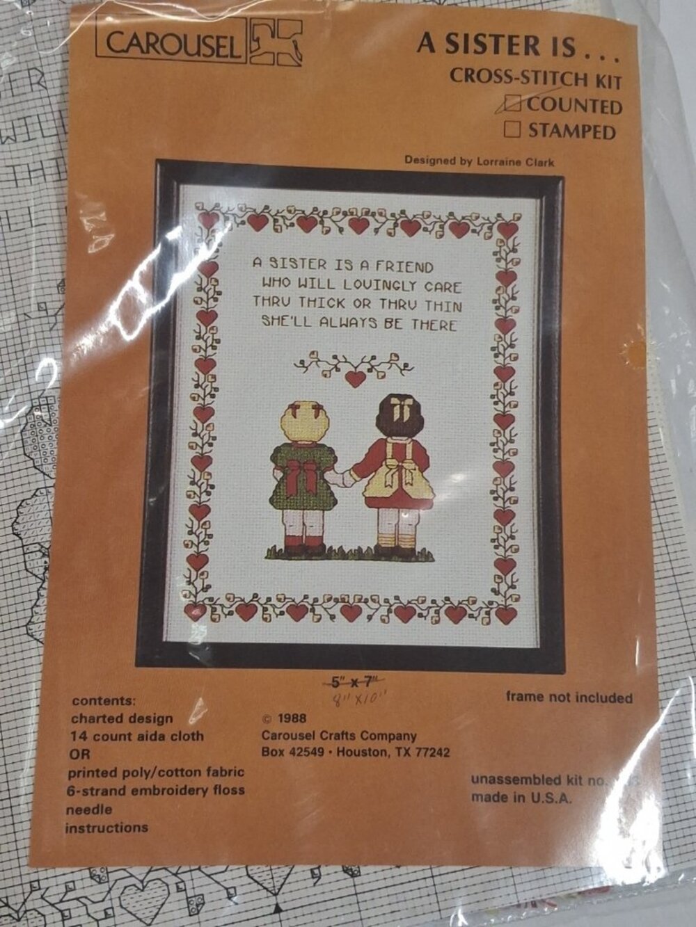Vtg Carousel "A Sister Is A Friend" Cross Stitch Kit-#633, 1988-Hearts- NEW